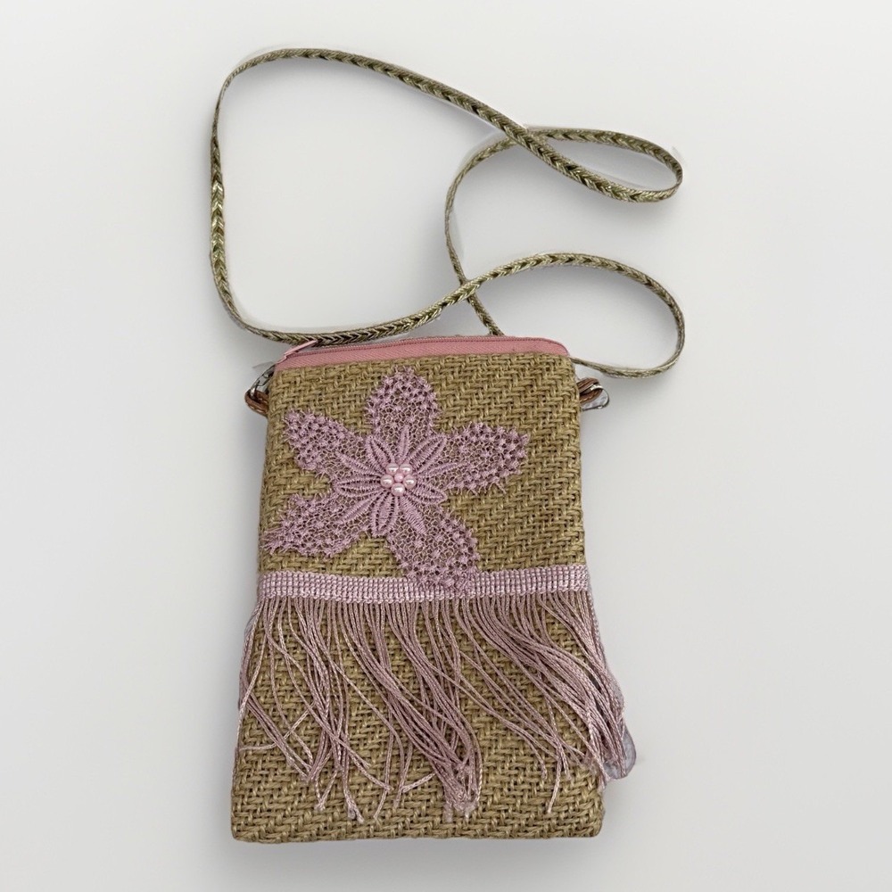 Boho Jute Straw Crossbody Bag‎ Small Pink Crochet Flower Fringe Purse